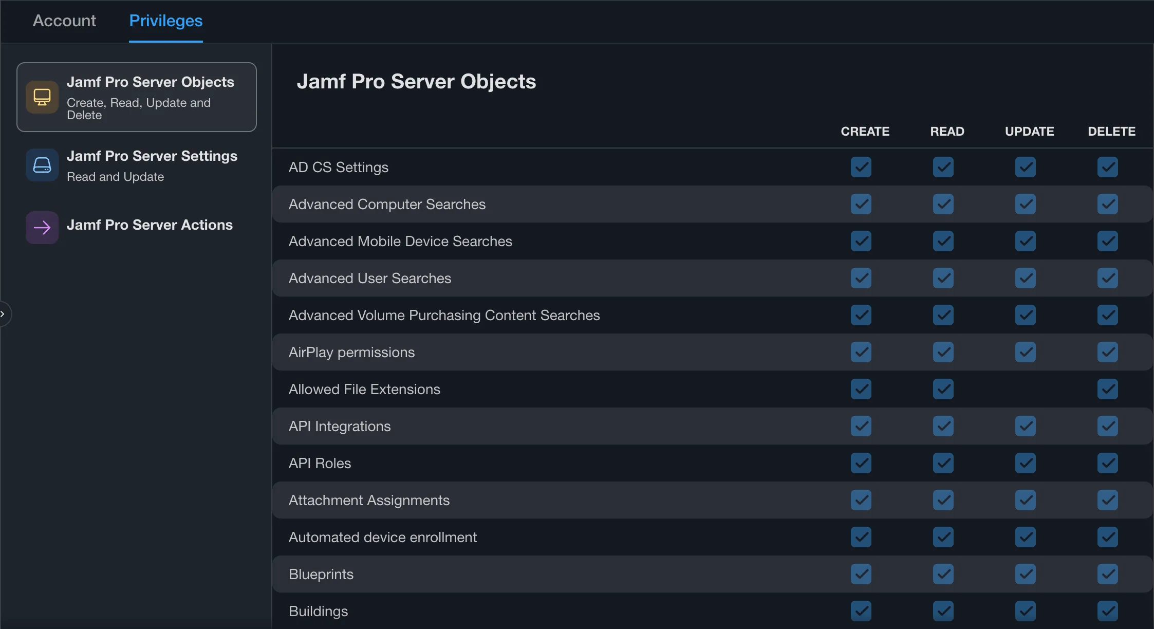 A Custom privilege set's Privileges tab, showing the granular Create, Read, Update, and Delete controls available for each Jamf Pro Server Object