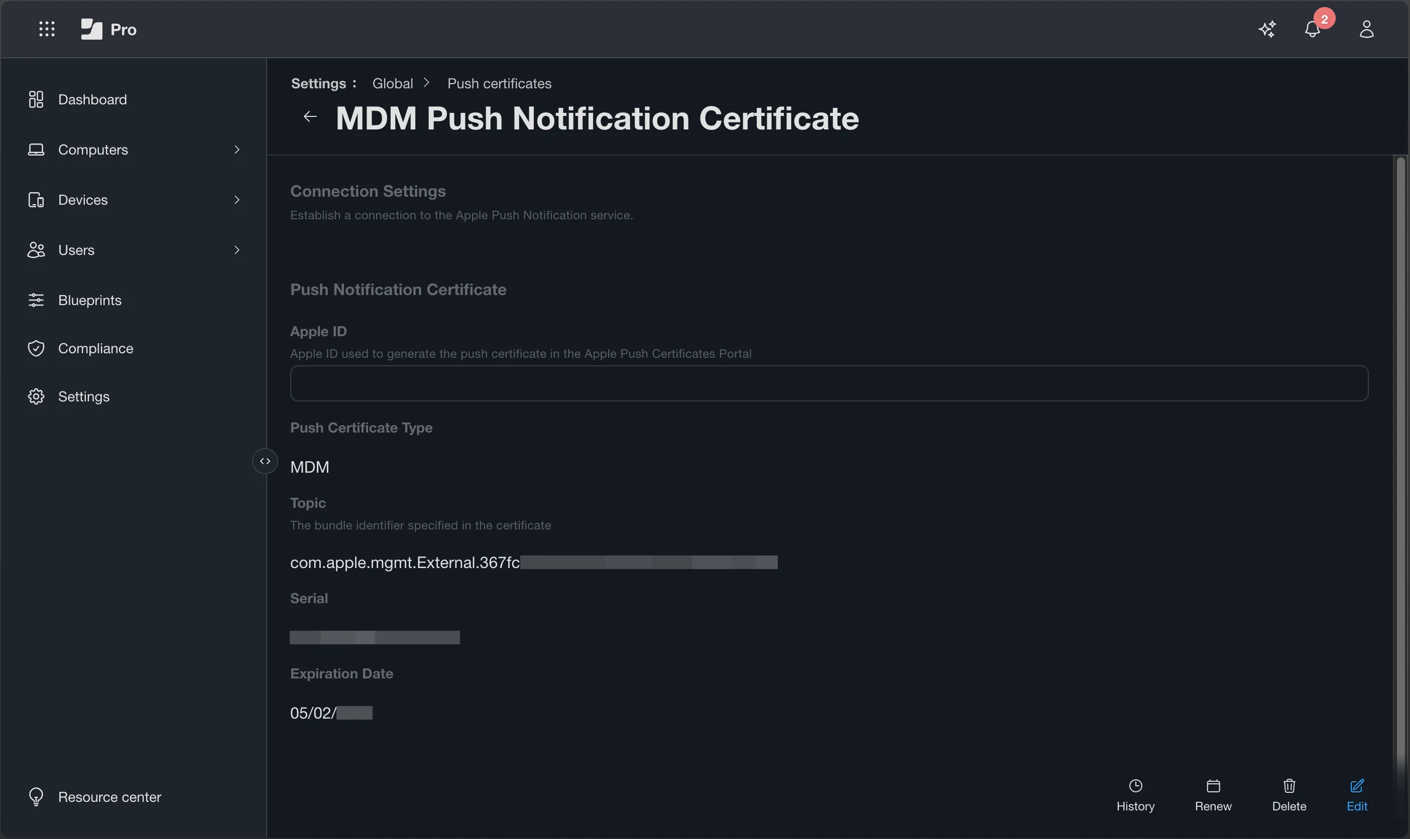 Settings → Global → Push Certificates showing the MDM Push Notification Certificate — status and expiry date visible, no Apple ID or credential values visible