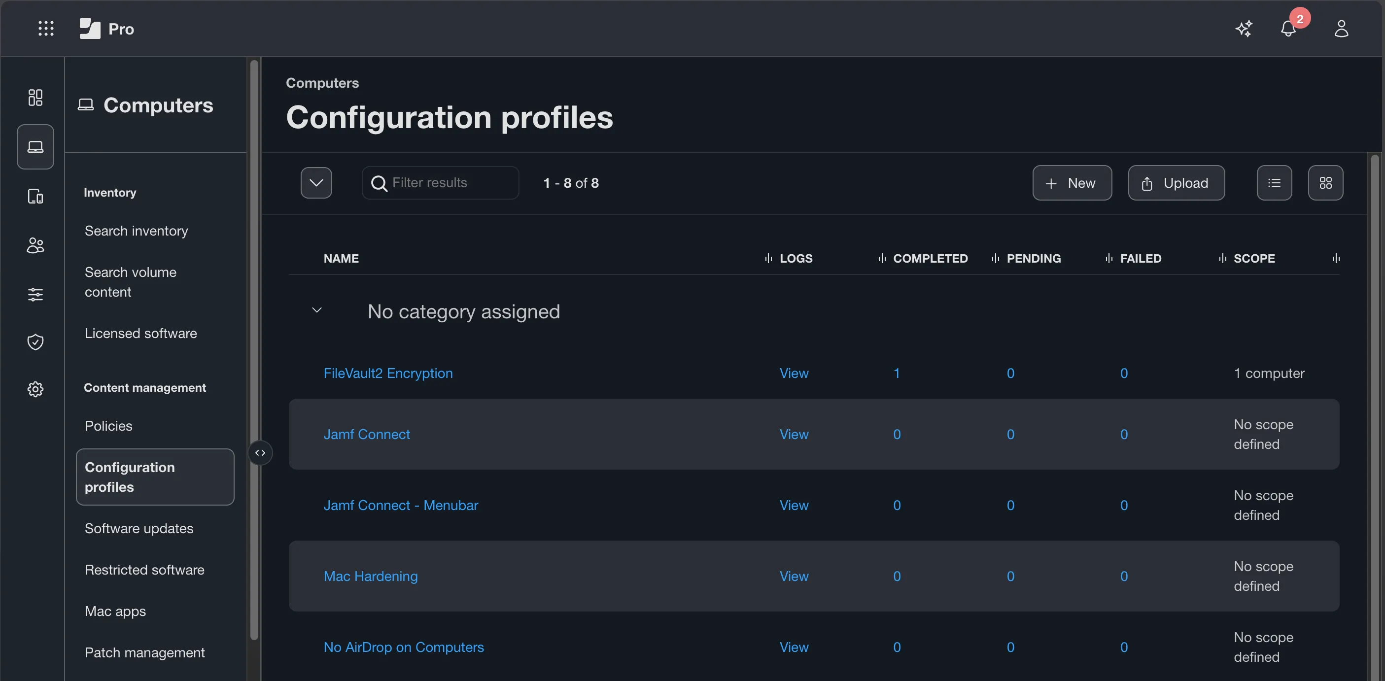 Configuration Profiles list view showing each profile's scope — no profile payload contents visible