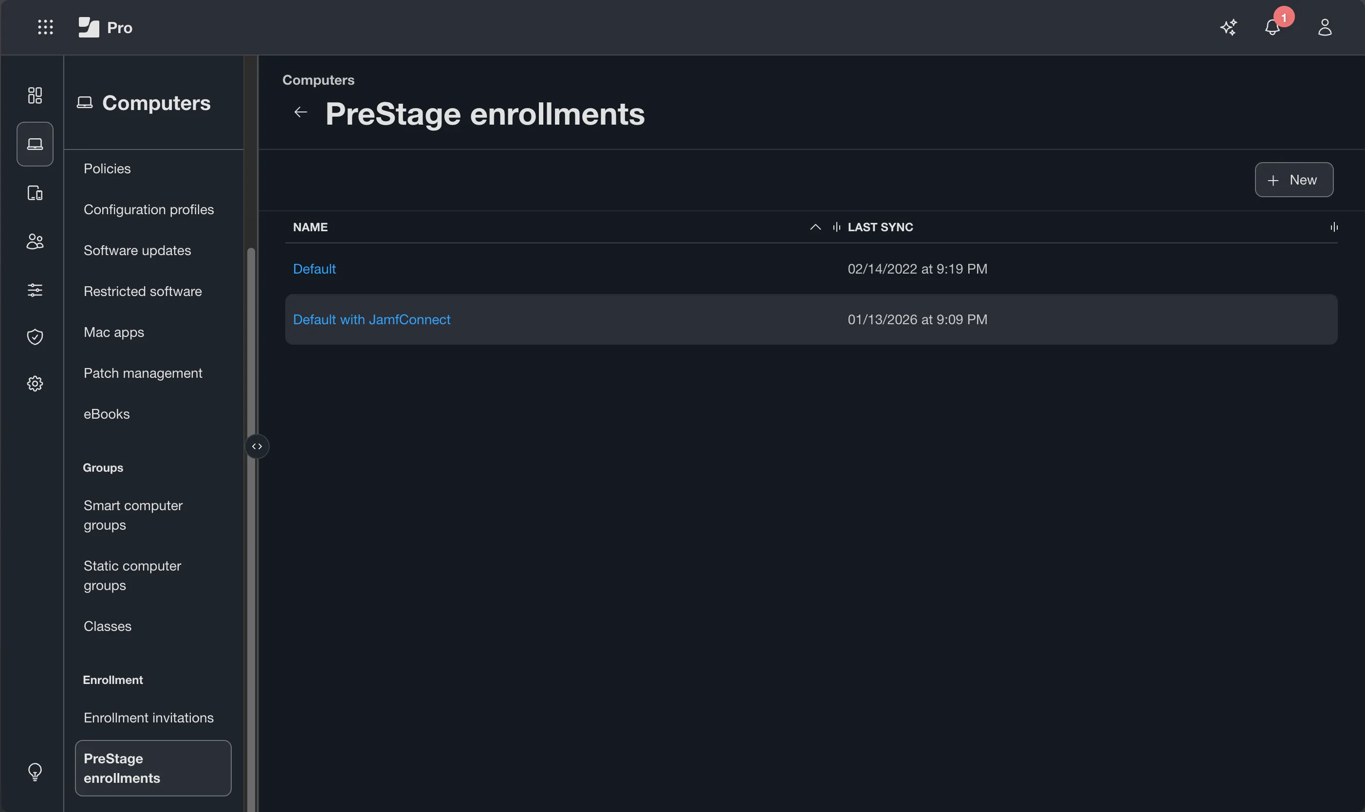 PreStage Enrollments list view showing existing PreStages — names and last sync times visible, no credential values