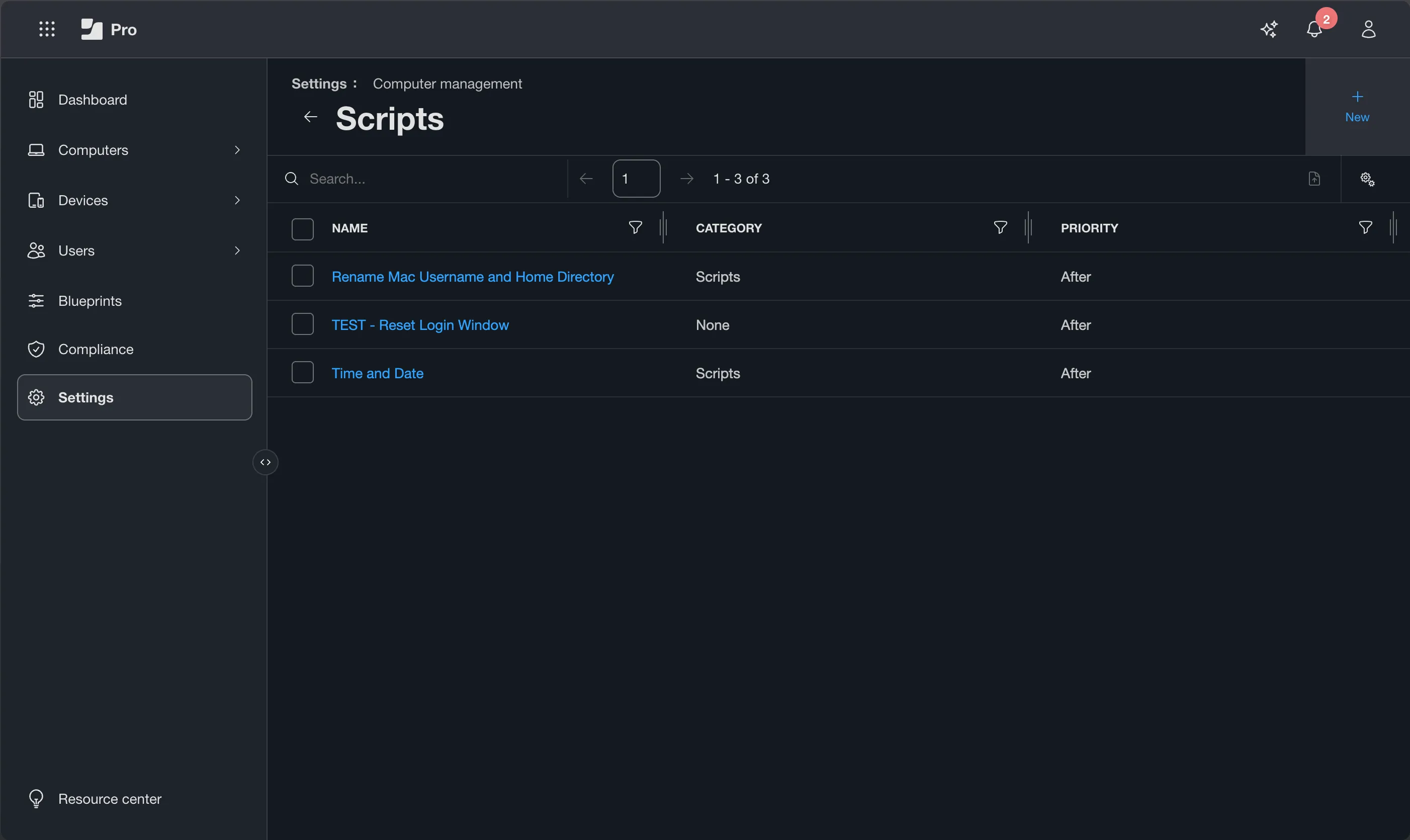 Scripts list view showing script names and categories — no script content visible