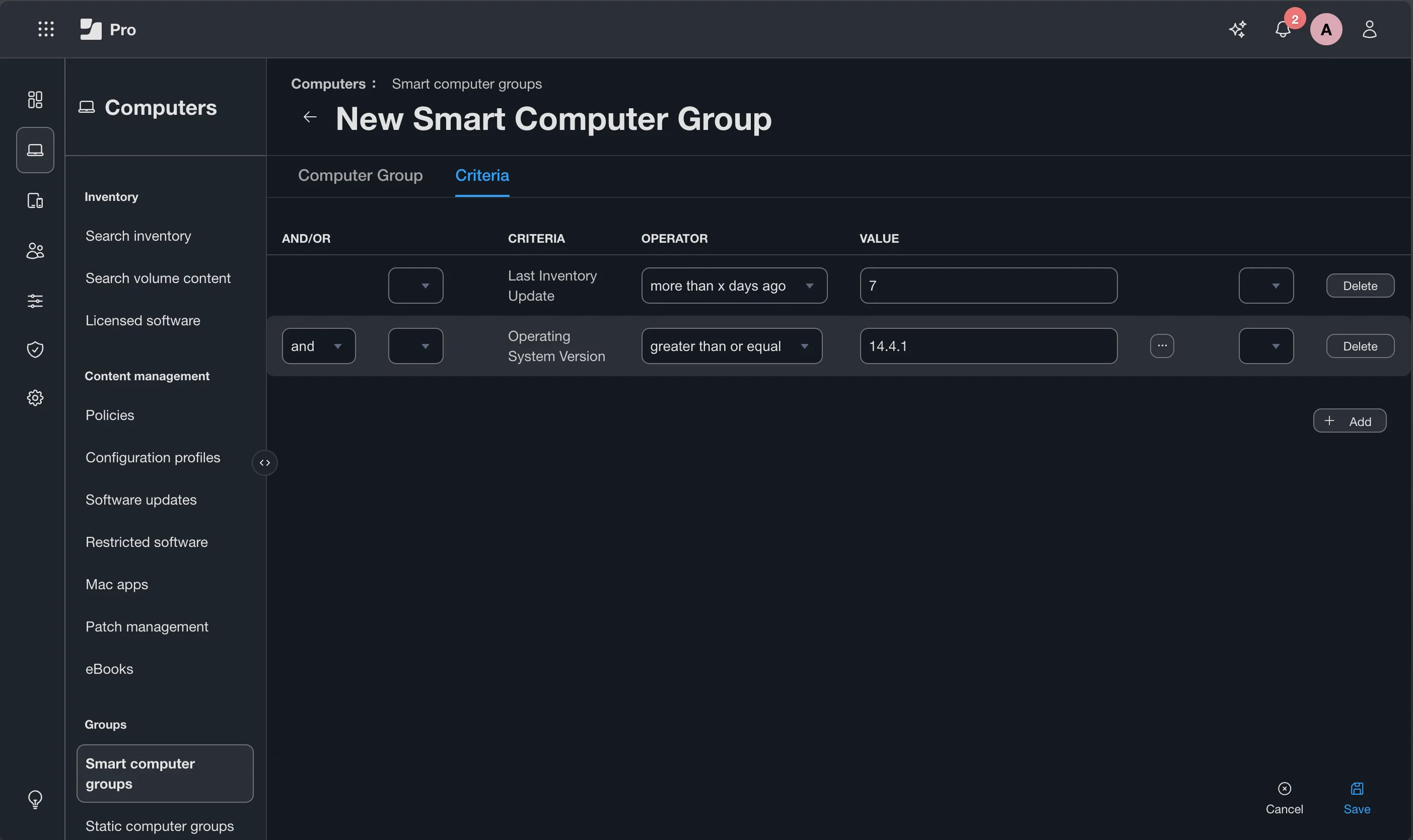 Smart Group criteria builder showing example criteria — OS version and last inventory update date, no device names or identifiers visible