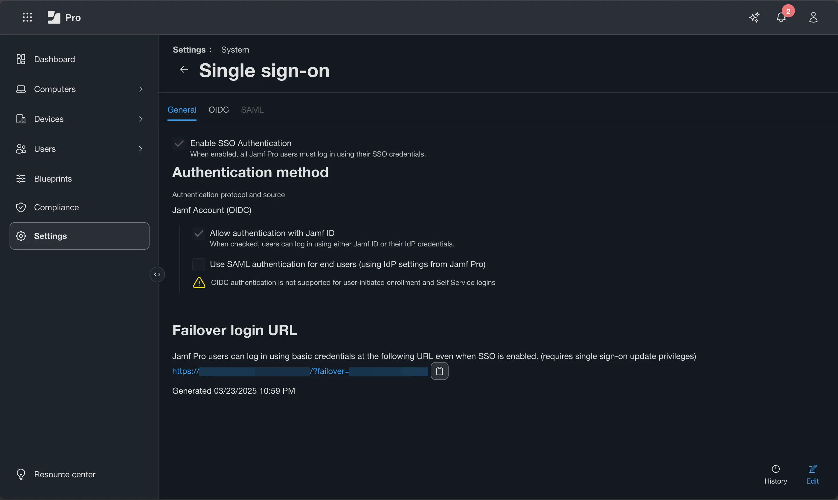 Jamf Pro Single sign-on — Authentication method, Failover login URL, and OIDC IdP integration settings, no URLs visible