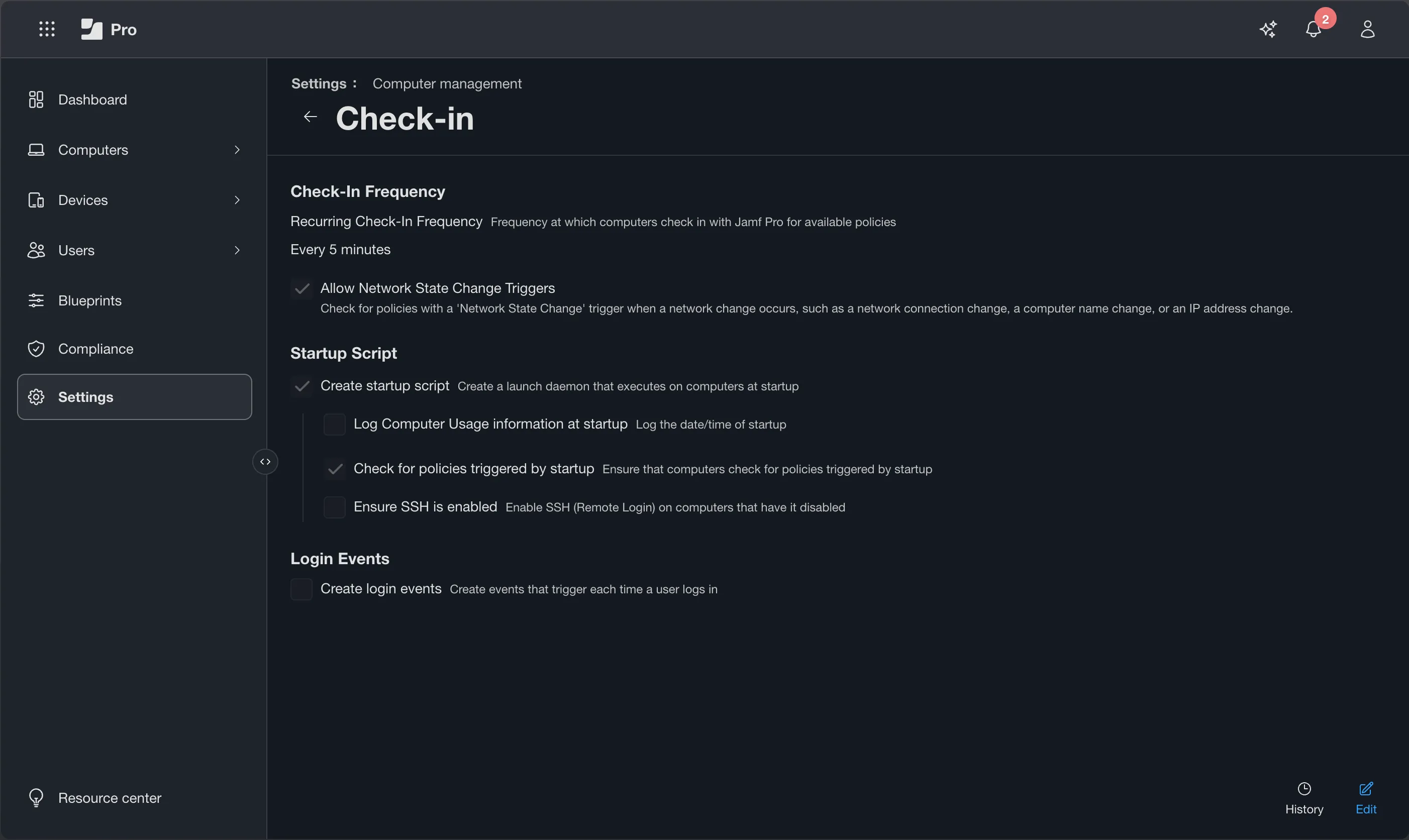 Settings → Computer Management → Check-In, showing the recurring check-in frequency setting