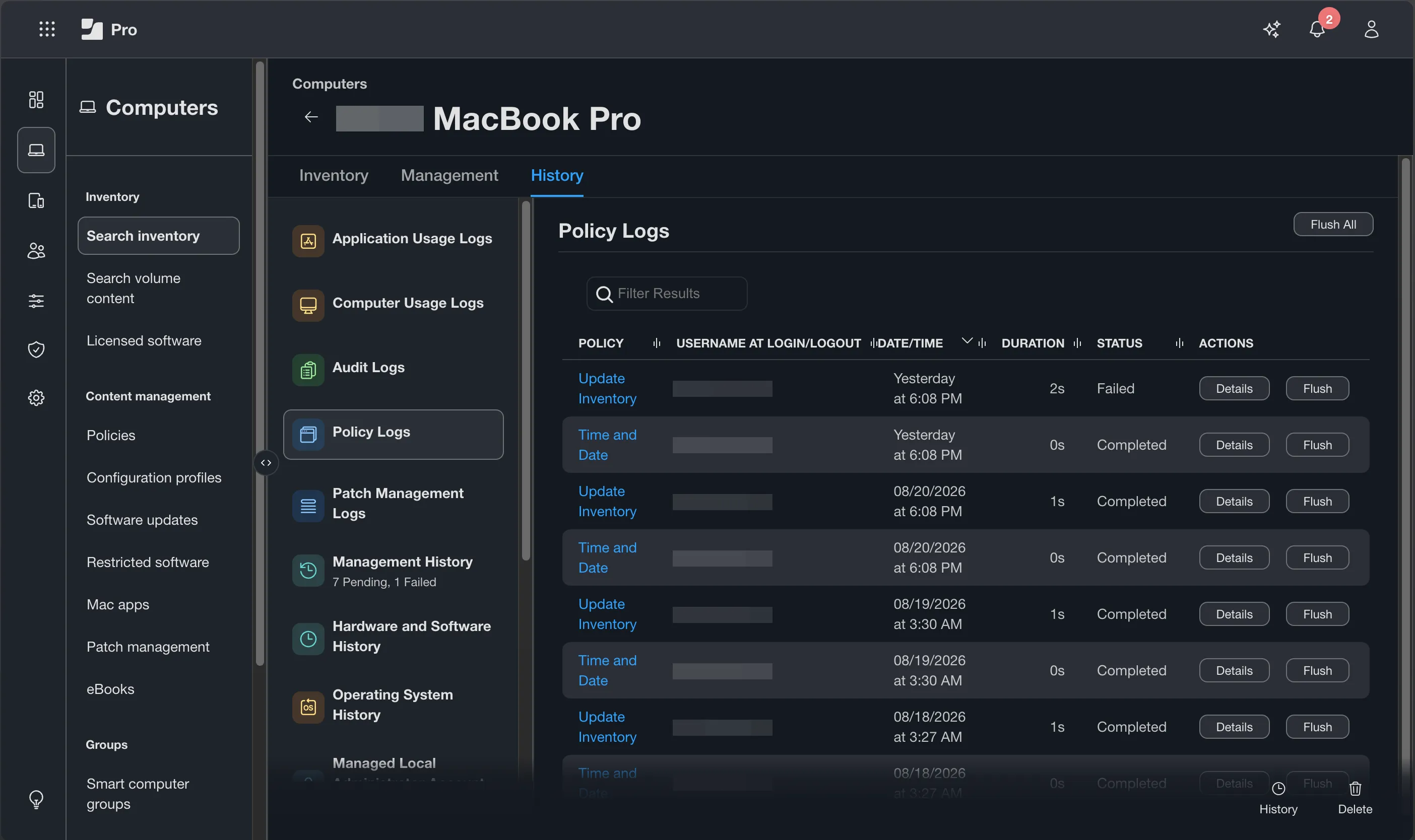 Computer record History tab → Policy Logs showing chronological policy execution history for a single device