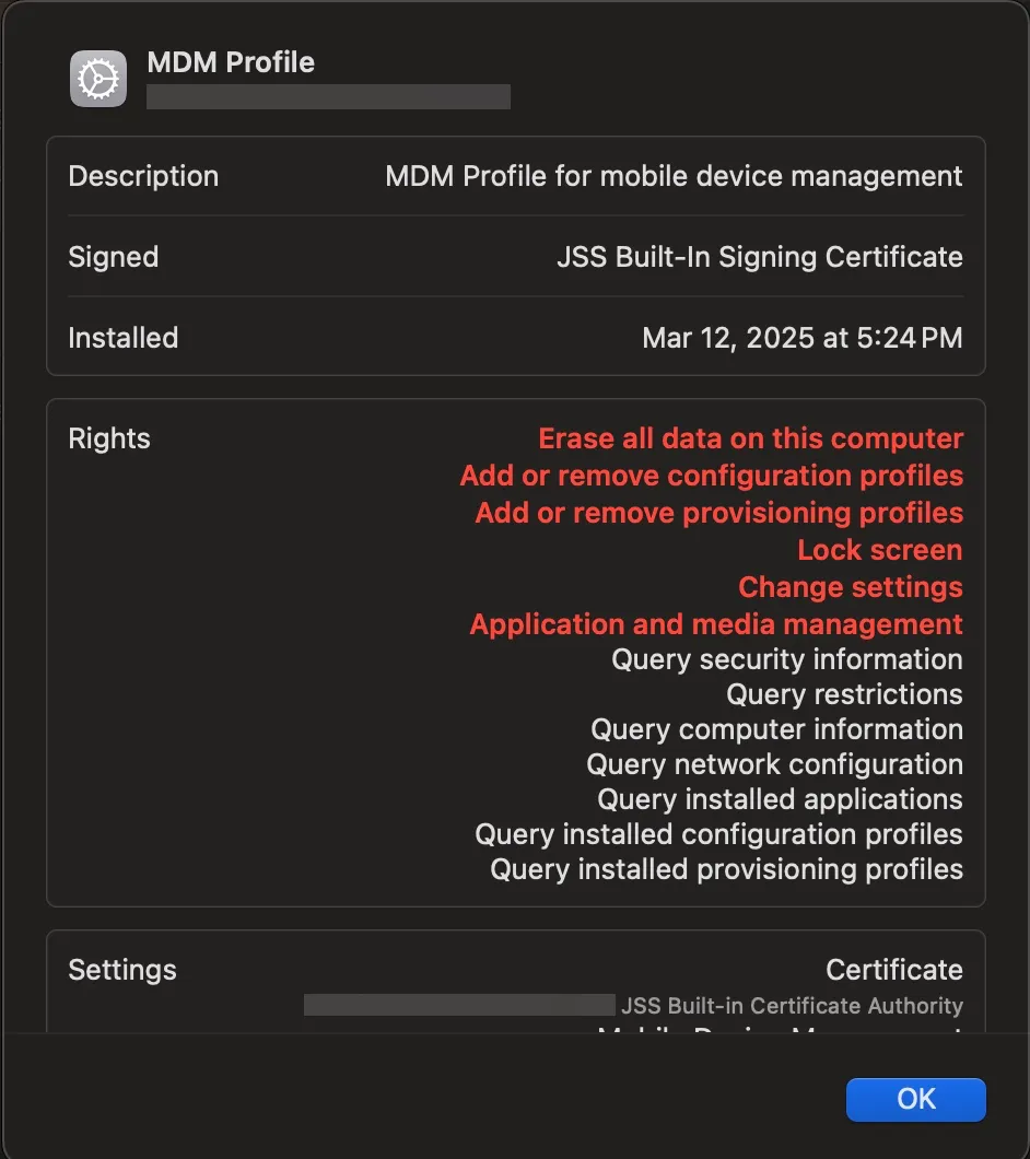 System Settings → Privacy & Security → Profiles showing an installed MDM-supervised profile on a test device