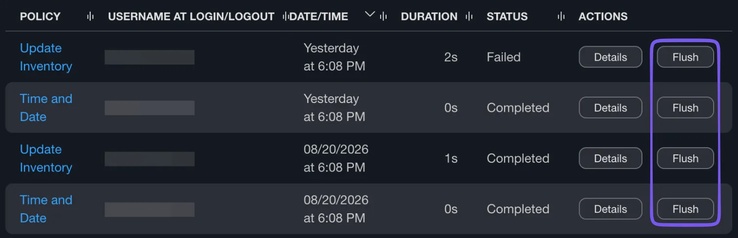 Computer record → History → Policy Logs showing the Flush option next to a policy log entry