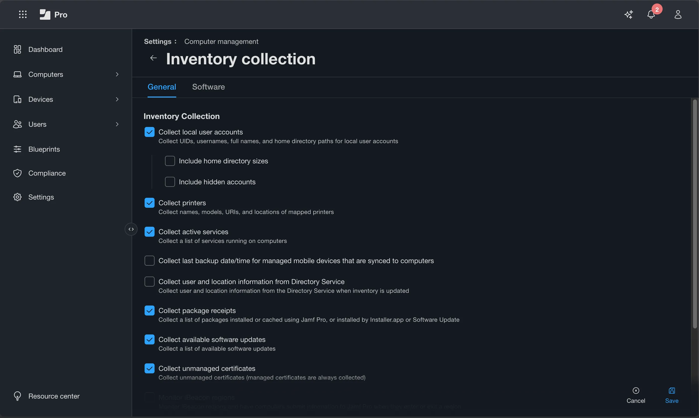 Settings → Computer Management → Inventory Collection showing enabled data categories