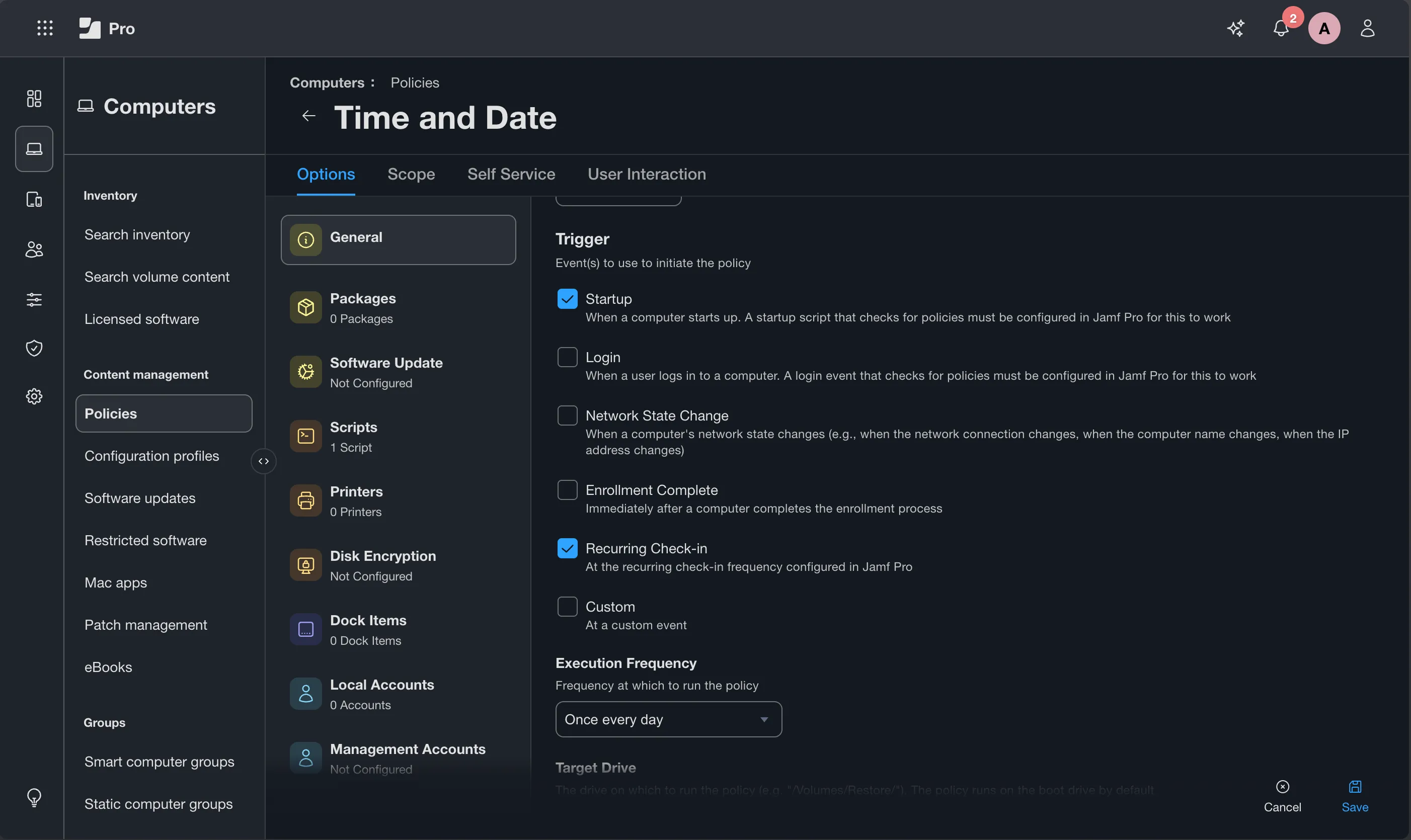 Policy General pane showing the Trigger options and Execution Frequency