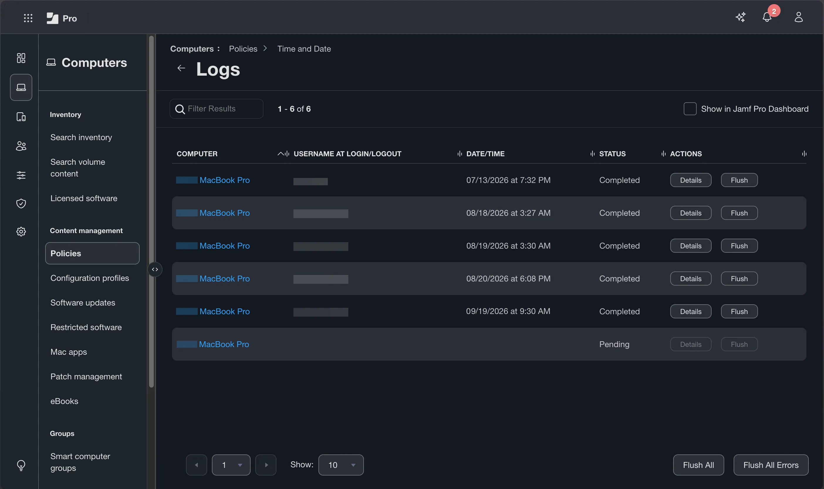 Policy log view from within a policy — showing device list with Completed/Failed/Pending status and the Details button