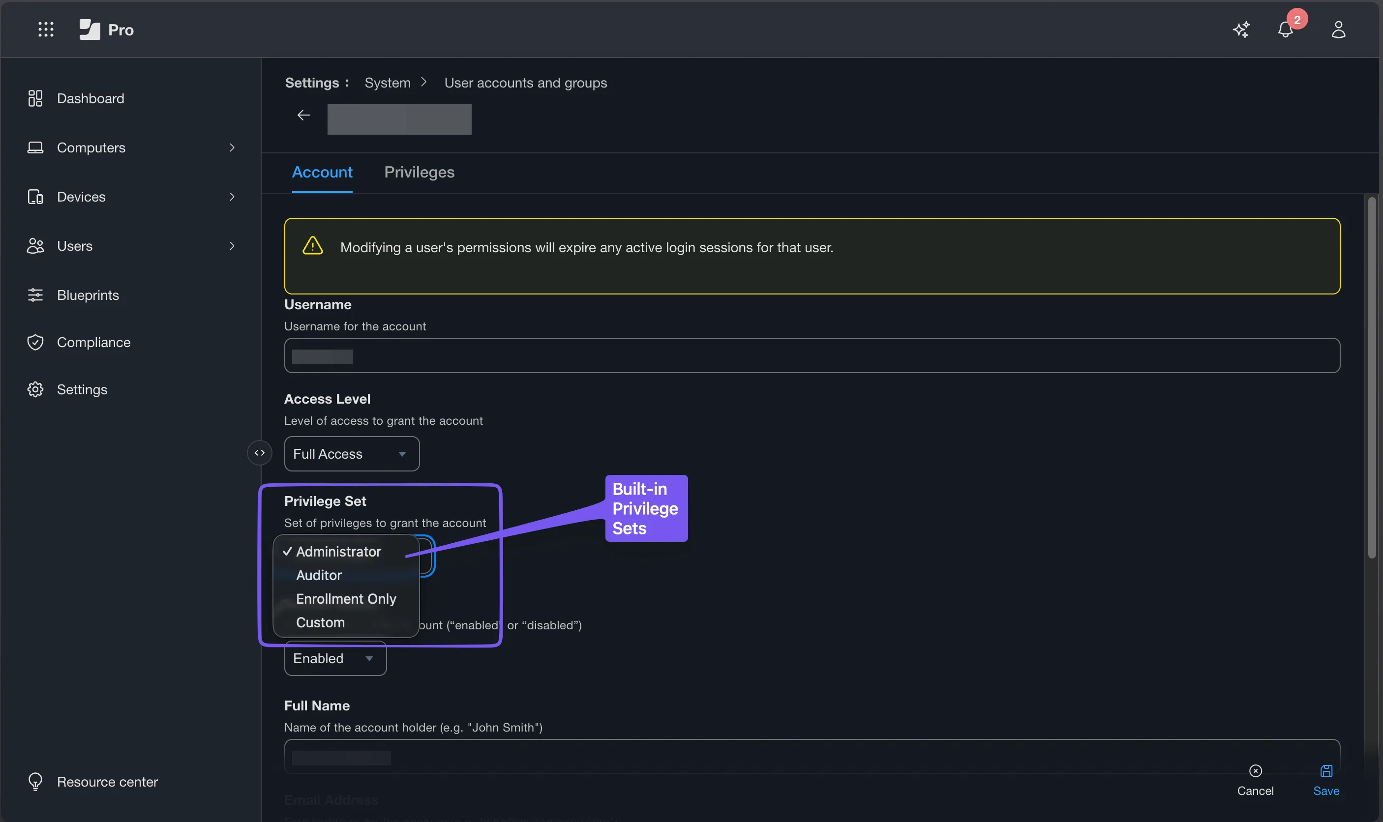 Settings → System → Jamf Pro User Accounts & Groups — an account's Privilege Set menu showing the four built-in sets: Administrator, Auditor, Enrollment Only, and Custom; account name and username redacted