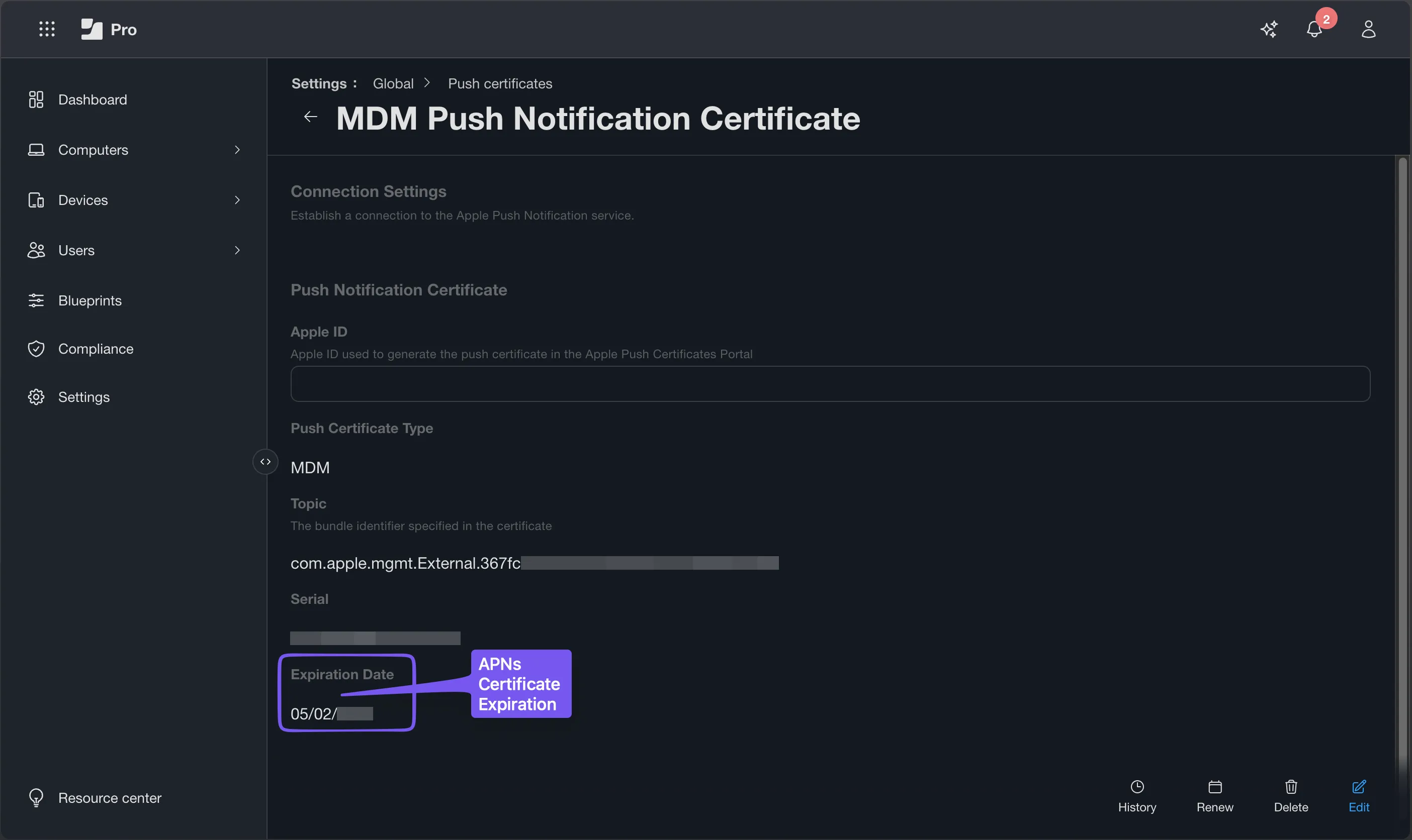 Settings → Global → Push Certificates showing the MDM Push Notification Certificate with expiry date highlighted — no Apple ID visible